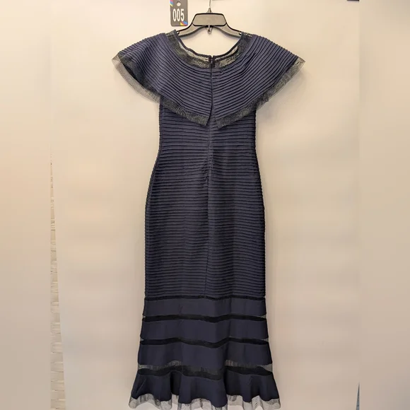 Tadashi Shoji Navy Blue Ruffle Pintuck Maxi Party‎ Bodycon Stretchable Sz XS - Picture 5 of 11